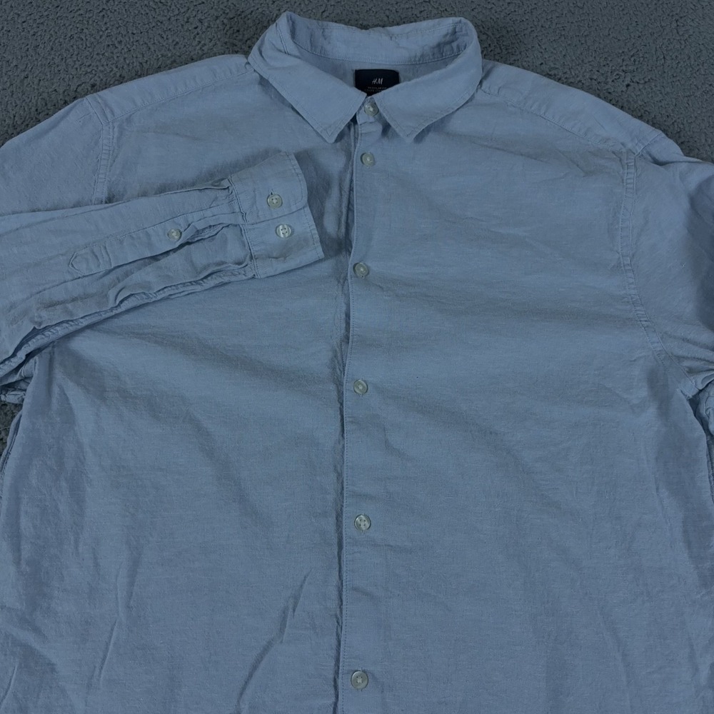 H&M Shirt Mens XL Blue Linen Button Up Long Sleeve Regular Preppy Casual Beach